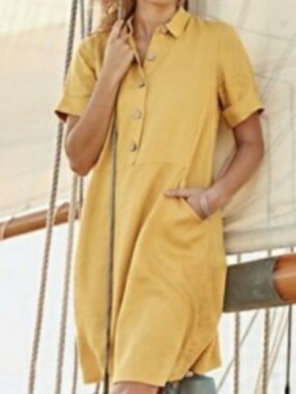 J. Jill Mustard Short-Sleeve Button-Front Linen Dress
